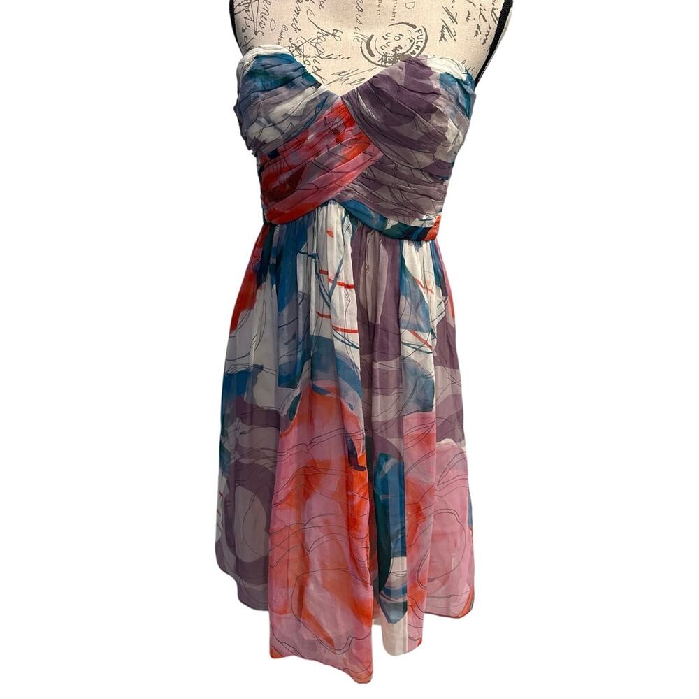 Donna Morgan watercolor 100% silk chiffon strapless dress sweetheart bodice 8